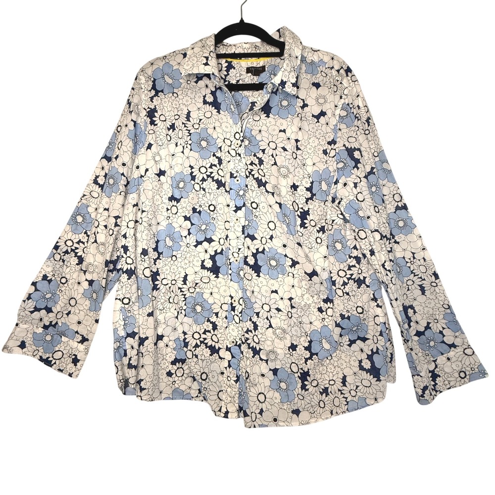 Talbots Petite XLP Blue White Daisy Floral Button Down Shirt Cottagecore